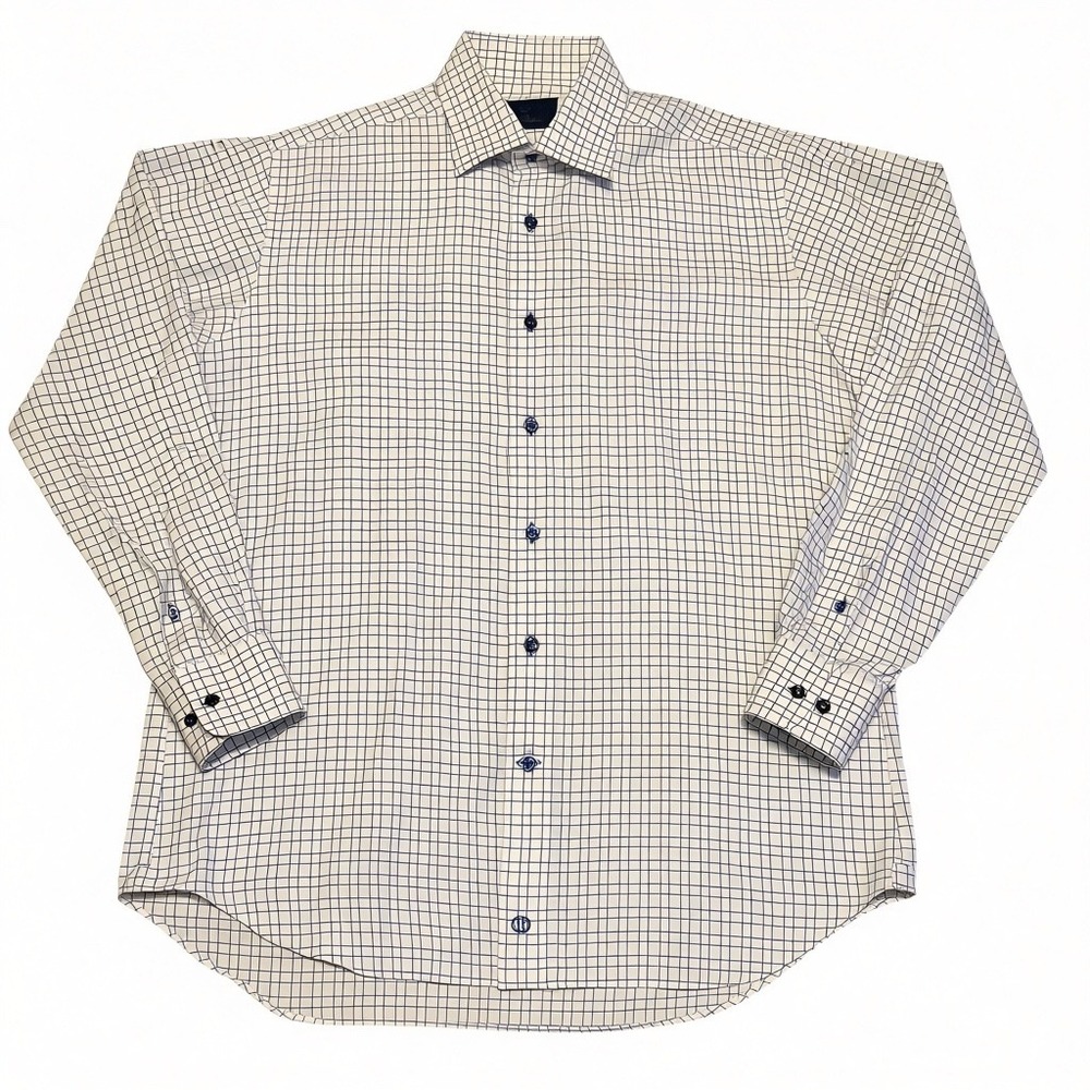 David Donahue Mens 16 34/35 Dress Shirt Cream Navy Blue Grid Cotton Button Down